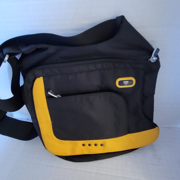 Tumi Tech Black Yellow Gold McKenna Flap Body Bag Crossbody Adjustable Strap - Picture 2 of 16
